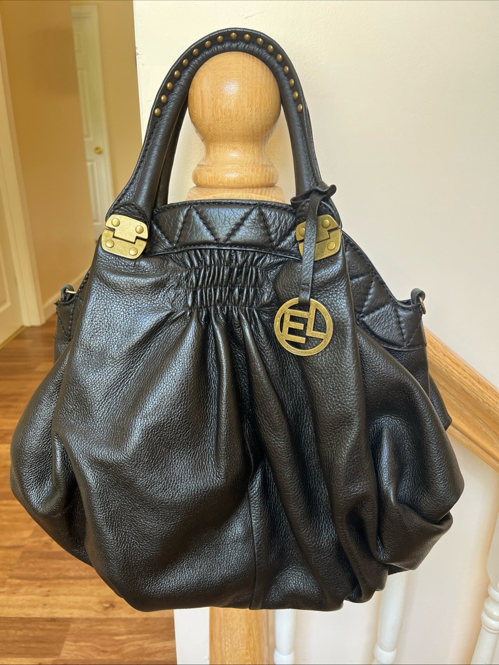 Vintage Y2K Elliott Lucca Black Leather Satchel Bag Purse with Gold Hardware